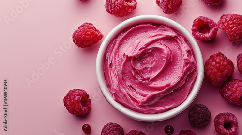 Raspberry extract face mask treatment with vibrant red hues, soft berry elements, and space for rejuvenating skincare text photo