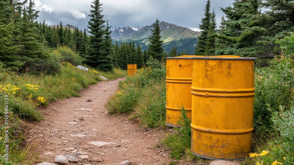 Waste Barrels Near Mountain Hiking Trail Waste Barrels Near Mountain Hiking Trail