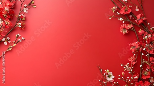 Red background with flowering branches artistic design