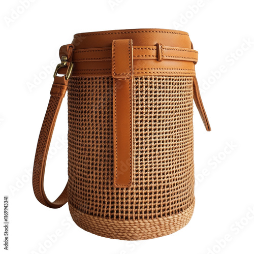 Stylish woven handbag with leather accents. photo