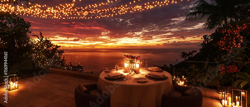
a picturesque dining arrangement on a terrace, featuring a table with elegant settings for two, lit by soft candlelight and surrounded by warm string lights valentine night