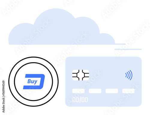 Credit card with contactless icon, cloud graphic, and cryptocurrency buy symbol. Ideal for fintech, e-commerce, digital wallets, blockchain, contactless payments, online banking abstract line flat