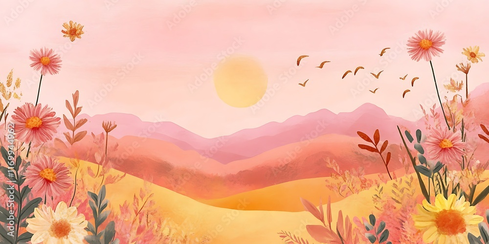 custom made wallpaper toronto digitalSunset floral landscape, birds flying, mountains background, idyllic postcard.