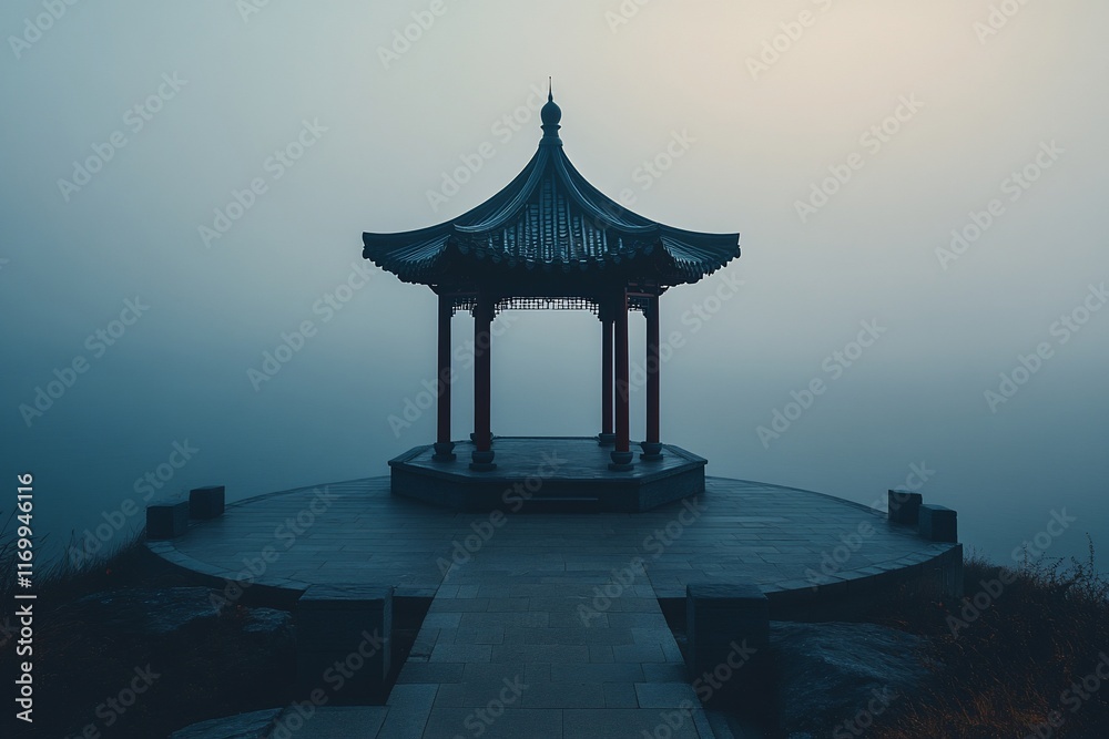 Fototapeta premium Misty sunrise view of a traditional Asian pavilion.