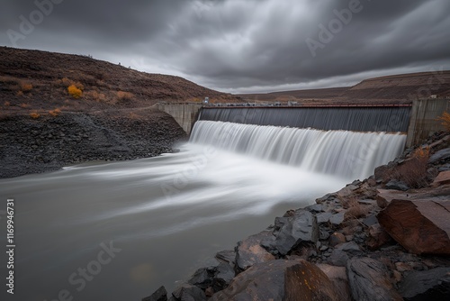 Serene Waterfall Cascade Flowing Over Dam Surrounded by Rugged Landscape Under Dark Stormy Clouds and Soft Gray Waterscape photo