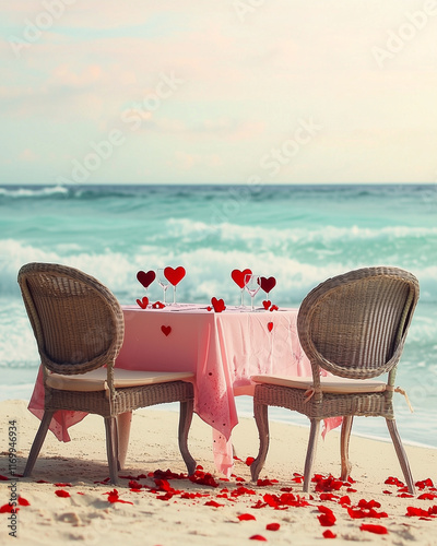 
a romantic beachside table setting with two elegant chairs, a pink tablecloth, and glasses adorned with red heart-shaped decorations, surrounded by scattered red petals on the sand