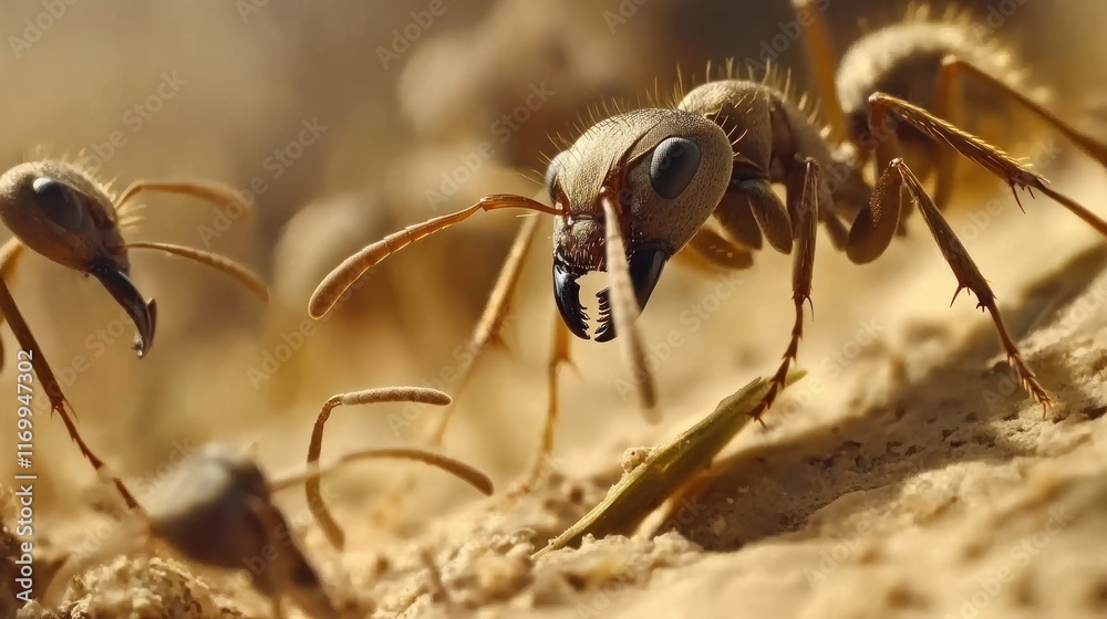Close-up of ants on sandy ground, showcasing their intricate details and textures. Close-up of ants on sandy ground, showcasing their intricate details and textures.