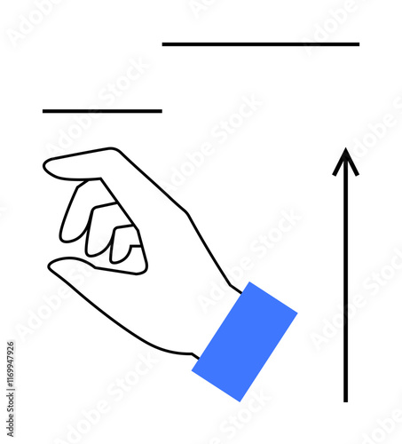 Hand with blue cuff gesturing upward beside black arrows suggests movement, interaction, growth. Ideal for navigation, user interaction, progress, development, digital interfaces, intuitive design