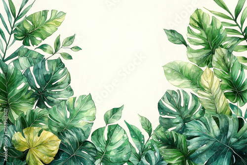 Lush tropical leaves frame a white background.