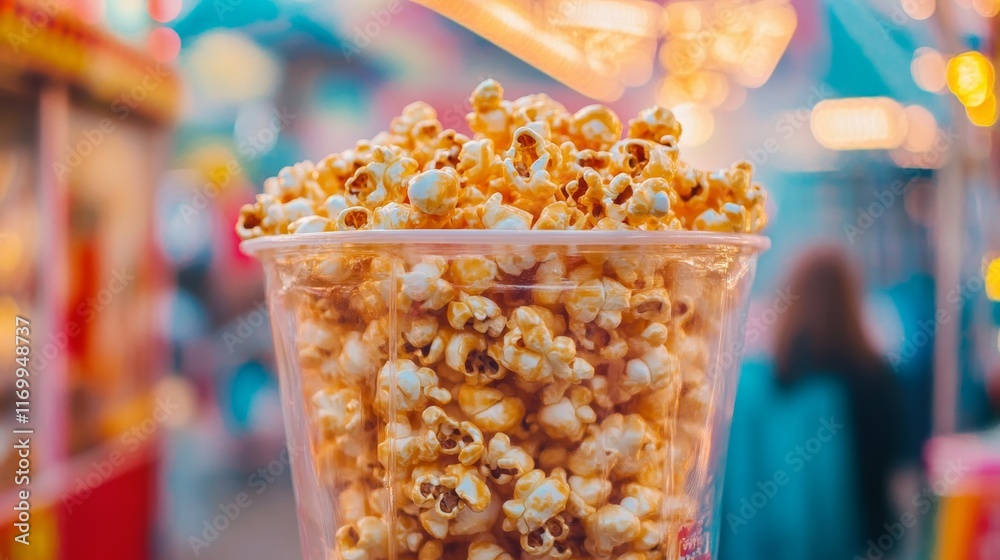 Close Up of Freshly Made Caramel Popcorn in a Clear Container Close Up of Freshly Made Caramel Popcorn in a Clear Container