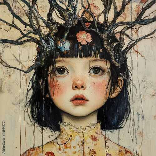 Whimsical Portrait of a Girl with Tree Branches photo