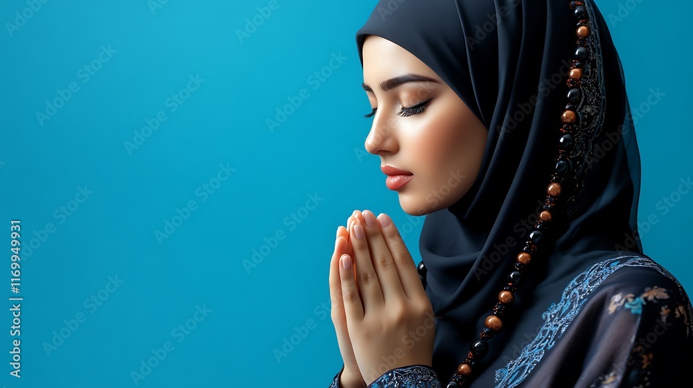 A young woman in a hijab, her hands clasped in prayer, against a teal background. A young woman in a hijab, her hands clasped in prayer, against a teal background.