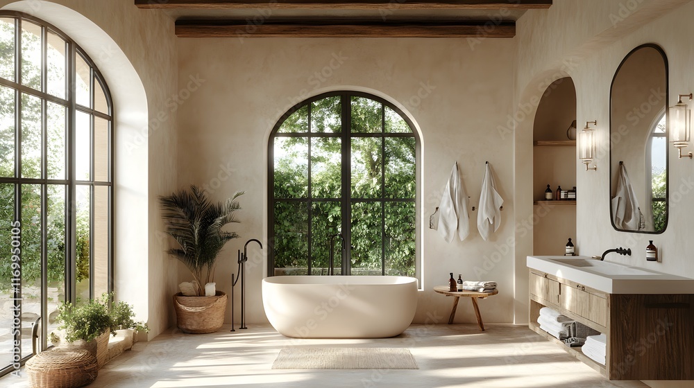 Mediterranean-style modern bathroom with rustic elements and arched windows Mediterranean-style modern bathroom with rustic elements and arched windows