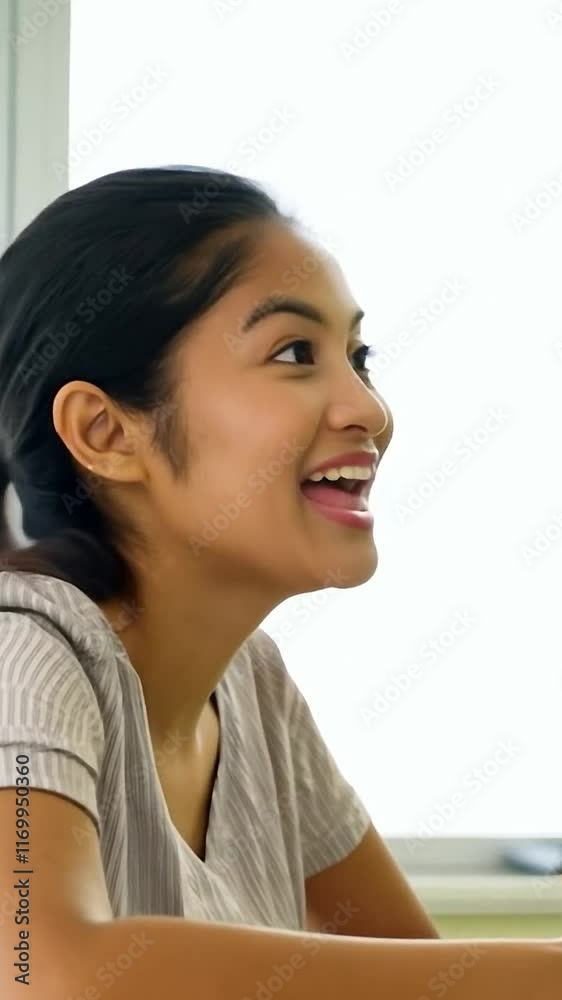 Side profile of a smiling woman sitting indoors near a window. Casual setting with natural light. Vertical portrait photography for lifestyle and professional themes Side profile of a smiling woman sitting indoors near a window. Casual setting with natural light. Vertical portrait photography for lifestyle and professional themes
