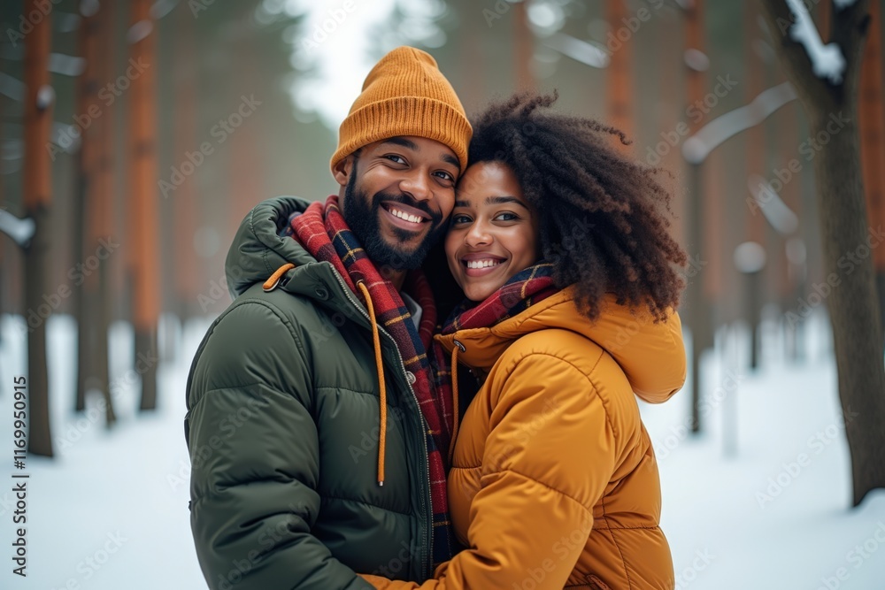Happy Couple in Winter Forest, Perfect for Valentine's Day Cards or Romantic Greetings Happy Couple in Winter Forest, Perfect for Valentine's Day Cards or Romantic Greetings