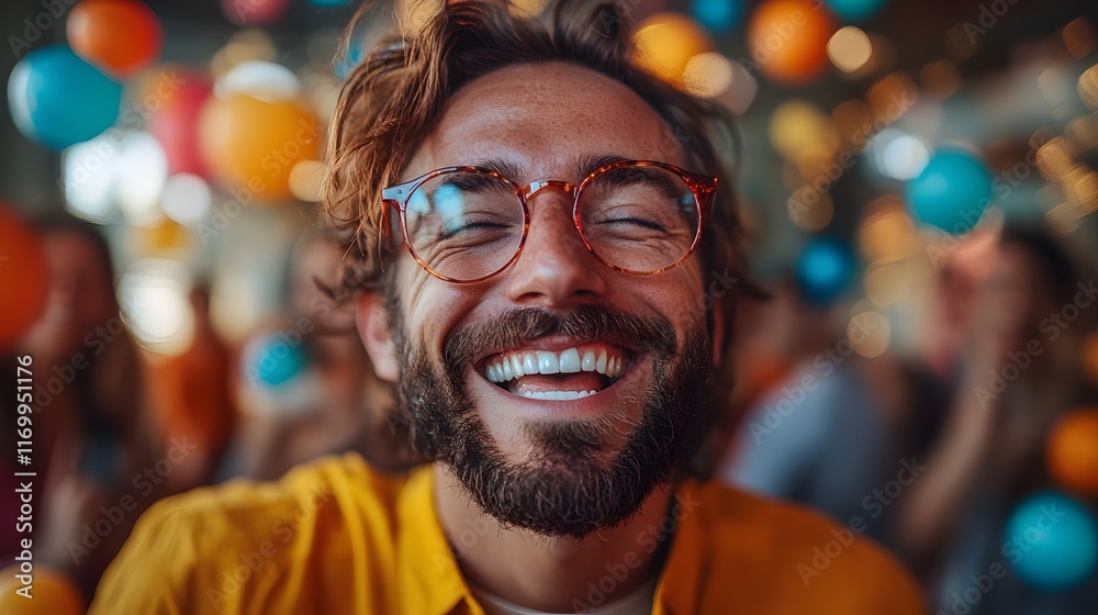Close-up portrait of a happy man laughing during a party with colorful balloons in the background. Celebrating completion of Machine learning engineering project Close-up portrait of a happy man laughing during a party with colorful balloons in the background. Celebrating completion of Machine learning engineering project