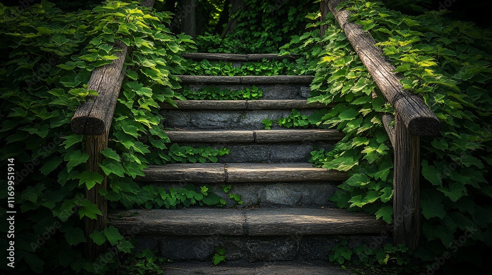 Obraz premium Lush overgrown stone steps with wooden railing.
