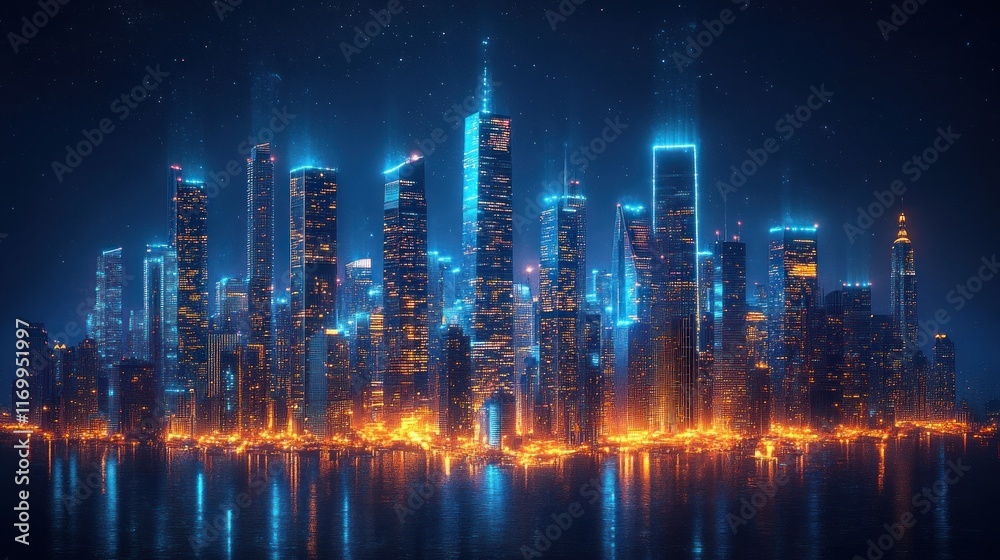 Fototapeta premium Futuristic city skyline at night, glowing buildings reflected in water.