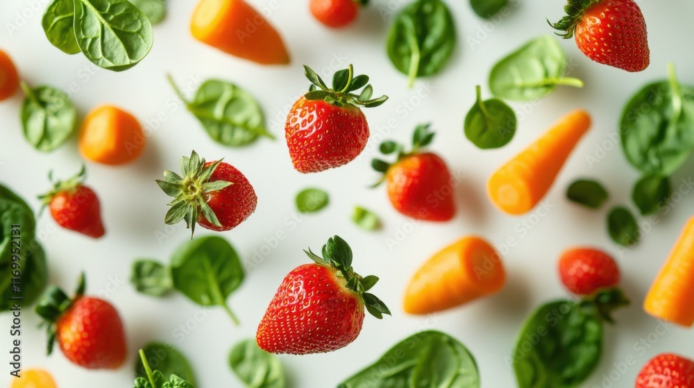 A dynamic and colorful composition featuring an arrangement of various fresh fruits and vegetables including strawberries citrus slices and green leaves scattered against a clean white backdrop A dynamic and colorful composition featuring an arrangement of various fresh fruits and vegetables including strawberries citrus slices and green leaves scattered against a clean white backdrop
