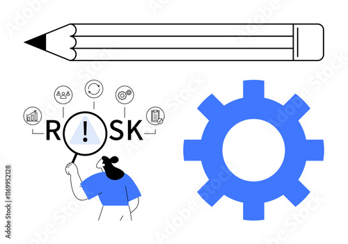 Woman examining Risk under magnifying glass, large pencil indicating creativity, gear symbolizing processes. Ideal for problem-solving, risk management, innovation, strategy, productivity