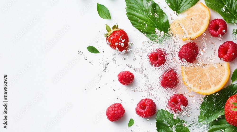 A vibrant and mouthwatering 3D composition featuring an assortment of fresh juicy berries oranges and lemons against a backdrop of lush green leaves A vibrant and mouthwatering 3D composition featuring an assortment of fresh juicy berries oranges and lemons against a backdrop of lush green leaves