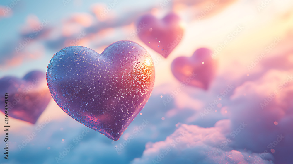 Obraz premium Soft pastel colored hearts floating gently in dreamy sky