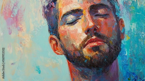 Close-up portrait of a man with closed eyes, vibrant colors, and textured brushstrokes.