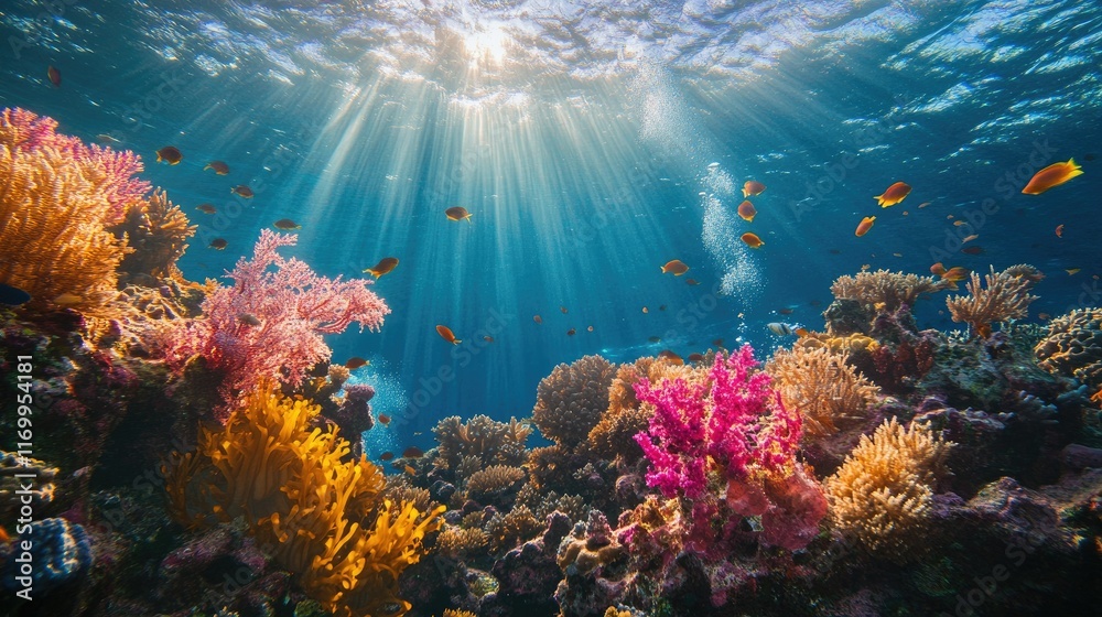 Fototapeta premium Vibrant Coral Reef Underwater Scene with Sunlight Rays and Fish