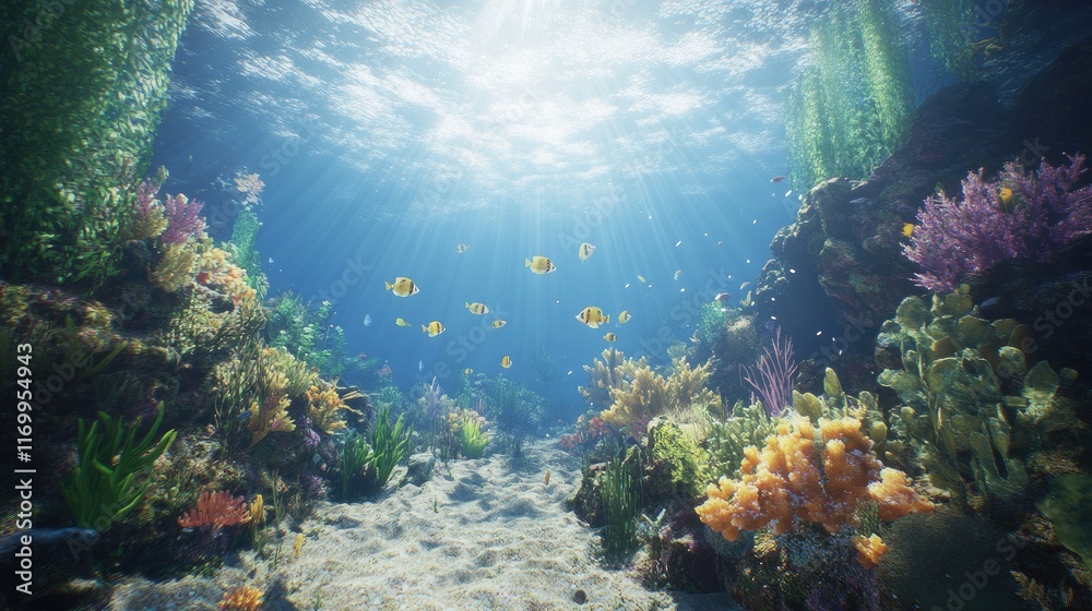 Vibrant Underwater Scene with Lush Coral Reefs and Colorful Fish