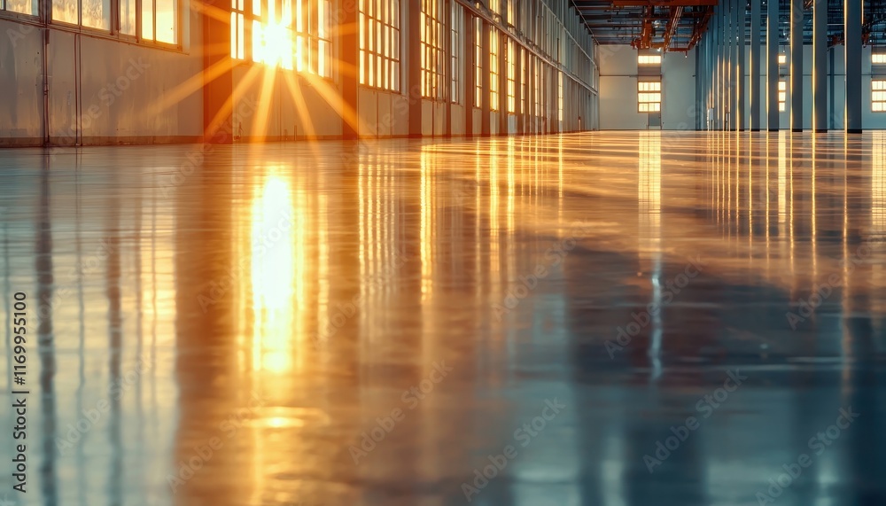 A sunlit industrial space with polished floors, large windows, and beams of light creating a warm ambiance. A sunlit industrial space with polished floors, large windows, and beams of light creating a warm ambiance.