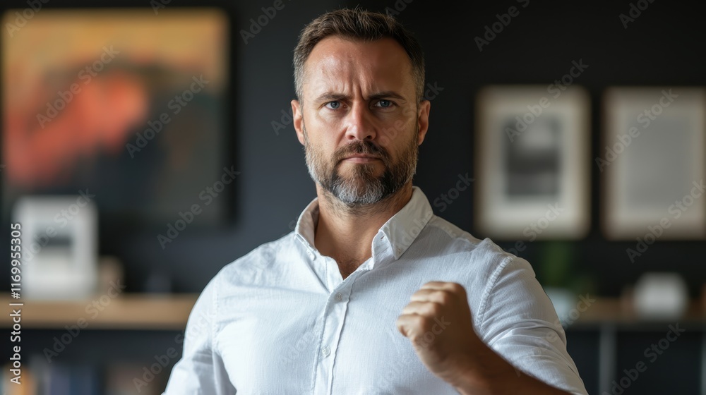 Confident businessman with clenched fist placed on his chest, modern office background, strong expression of self-assurance Confident businessman with clenched fist placed on his chest, modern office background, strong expression of self-assurance