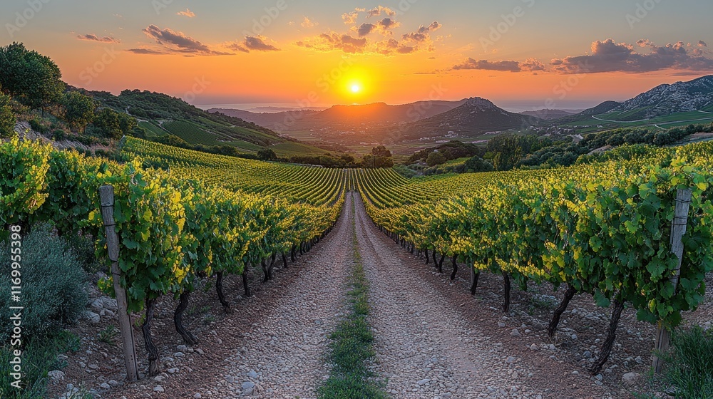 Naklejka premium Scenic vineyard landscape at sunset.