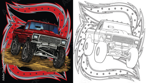 Outline red truck splash, isolated on a black background, for t-shirt design, print, and for business, purposes.