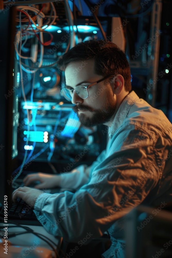 Image of a male IT professional working on computer hardware in a server room. Image of a male IT professional working on computer hardware in a server room.