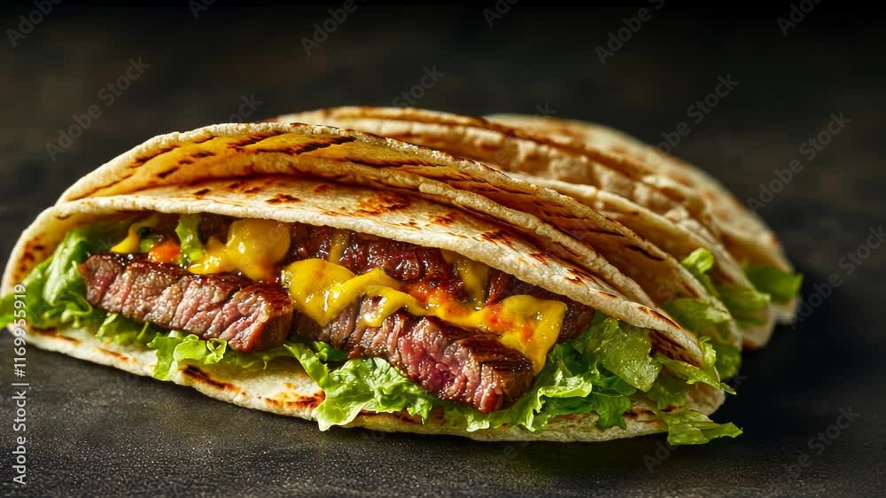 A close-up of grilled steak tacos with cheese and lettuce in soft tortillas.