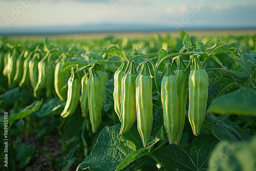 Green peppers growing on a plant in a field. photo