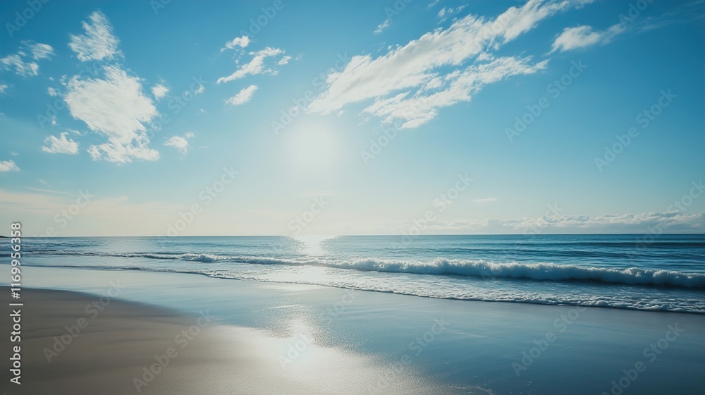Obraz premium Serene Beach Landscape: Ocean Waves and Sunny Sky