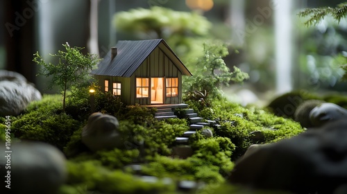 Miniature House nestled in a mossy forest scene