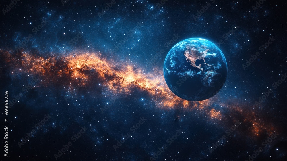 Obraz premium Earth amidst a cosmic backdrop of stars and nebulae.