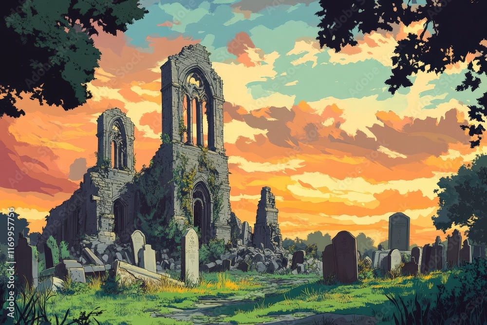 Ruins of an Ancient Church at Sunset in a Graveyard Ruins of an Ancient Church at Sunset in a Graveyard