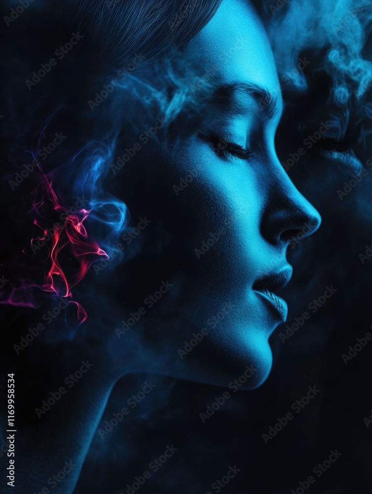 Contemplative image of a person's face, with smoke symbolizing thought or emotion. The brain is illuminated, indicating focus on the mind. Contemplative image of a person's face, with smoke symbolizing thought or emotion. The brain is illuminated, indicating focus on the mind.