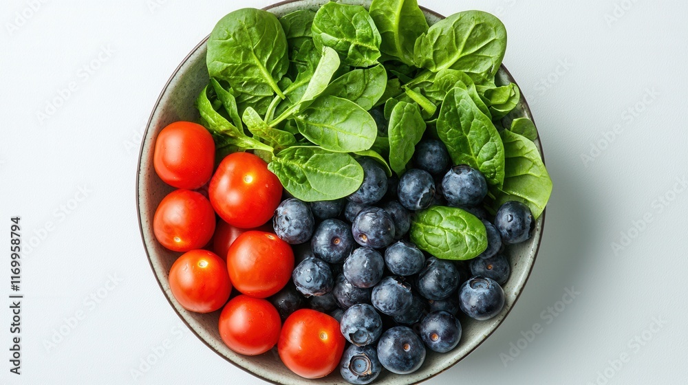Vibrant Bowl of Fresh Fruits and Veggies for a Healthy Meal  Assortment of nutritious produce including tomatoes blueberries spinach and lettuce on a white background