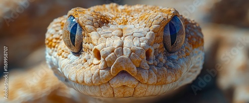 Close-up Portrait of a Puff Adder Snake, Showing its Detailed Scales and Intense Gaze
