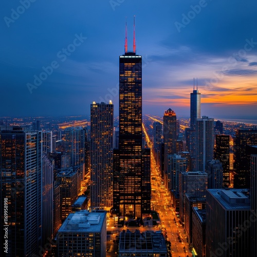 [Chicago skyline at dusk] Chicago Skyline Silhouette - John Hancock Center At Dusk With Twilight Gradient Over Deep Blue Cityscape Street Grid Clouds