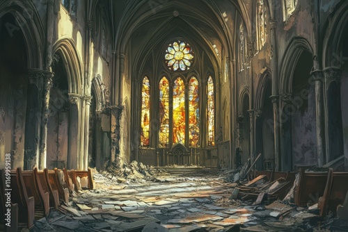 Ruined Church Interior With Stained Glass Window