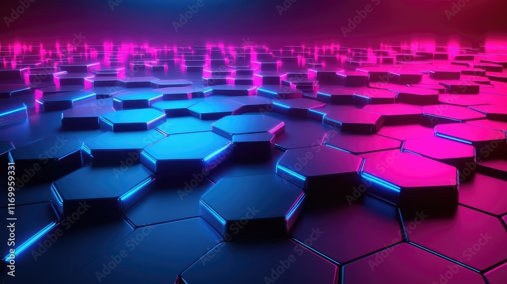 Fototapeta premium Abstract futuristic design with hexagonal grids and glowing neon lines in vibrant pink and blue. No text, no people.