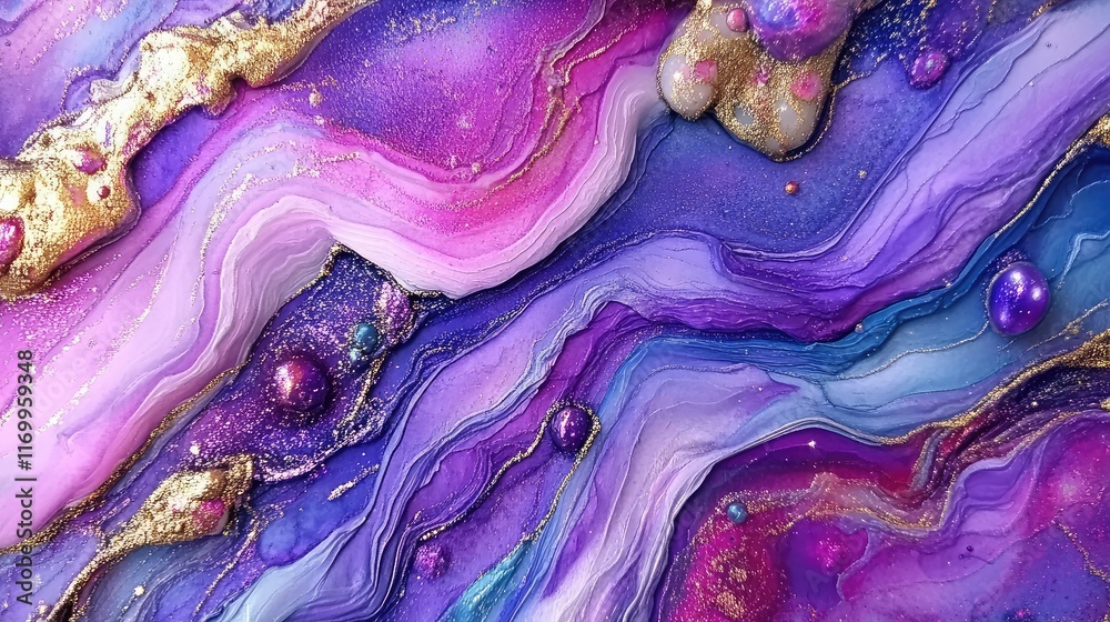 Fototapeta premium Abstract galaxy-inspired background with watercolor textures and shimmering star-like patterns. No text, no people.