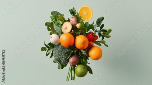 Visually Striking 3D Composition of Assorted Citrus Fruits and Fresh Greens  A digital render of an arrangement featuring a variety of citrus fruits vegetables and leafy greens in a natural