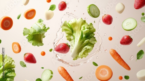 Fototapeta Naklejka Na Ścianę i Meble -  Visually striking 3D render depicting a contemporary abstract composition of mixed fresh produce such as fruits and vegetables floating or levitating against a clean minimalist background