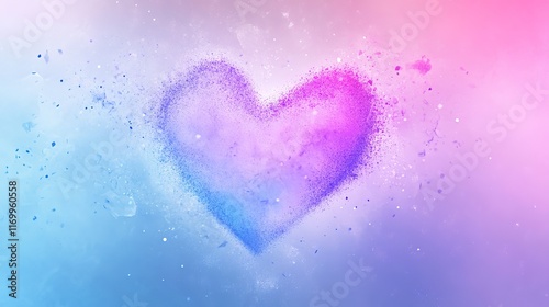 Abstract heart design in blue, purple, lilac, orchid pink, and white, featuring a romantic gradient background with shimmering particles. The soft, dreamy colors evoke feelings of love and romance, 